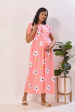 Black Rayon Nursing Maxi Dress – White Daisy Print Pregnancy Wear with Adjustable Back Tie Rope - Maternity Frock with Dual Feeding Zippers (RMF)