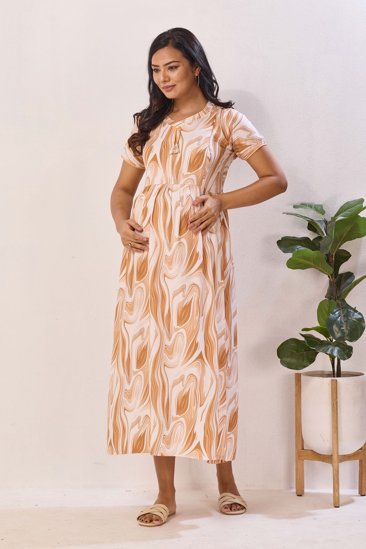 Rose Marble Premium Rayon Maternity Frock with Dual Feeding Zippers - Rayon Nursing Maxi Dress – Pink Abstract Swirl Pregnancy Wear with Adjustable Back Tie (RMF)