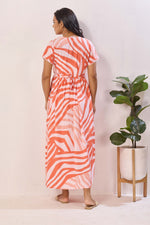 Orange & White Zebra Print Nursing Maxi Dress – Rayon Pregnancy Wear with Adjustable Back Tie - Geometric Maternity Frock with Dual Feeding Zippers (RMF)