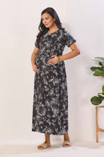 Navy Blue Rayon Nursing Maxi Dress – White Palm Print Pregnancy Wear with Adjustable Back Tie -Rayon Tropical Maternity Frock with Dual Feeding Zippers (RMF)