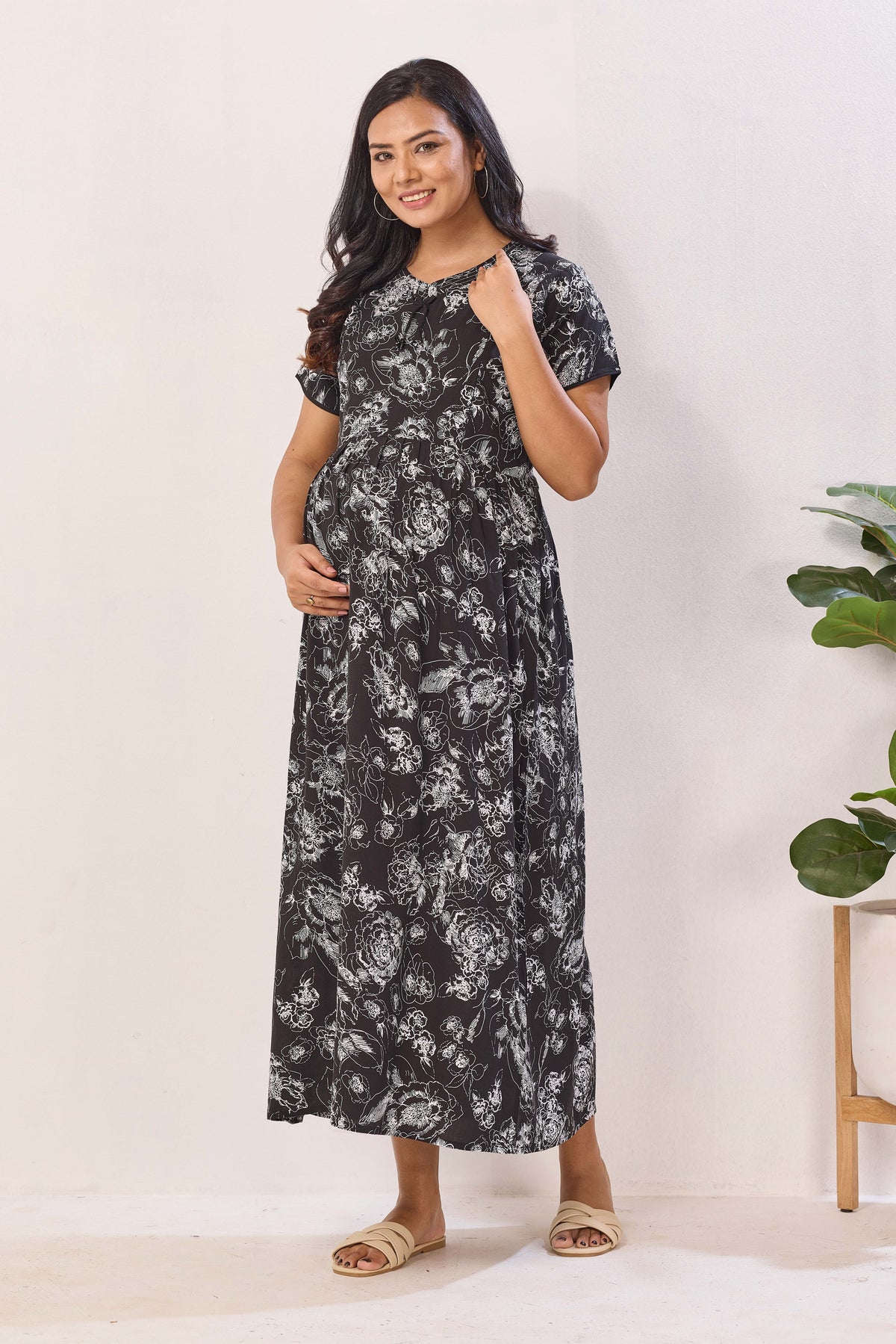 Navy Blue Rayon Nursing Maxi Dress – White Palm Print Pregnancy Wear with Adjustable Back Tie -Rayon Tropical Maternity Frock with Dual Feeding Zippers (RMF)