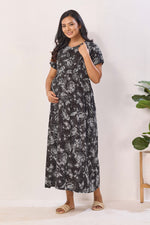 Navy Blue Rayon Nursing Maxi Dress – White Palm Print Pregnancy Wear with Adjustable Back Tie -Rayon Tropical Maternity Frock with Dual Feeding Zippers (RMF)