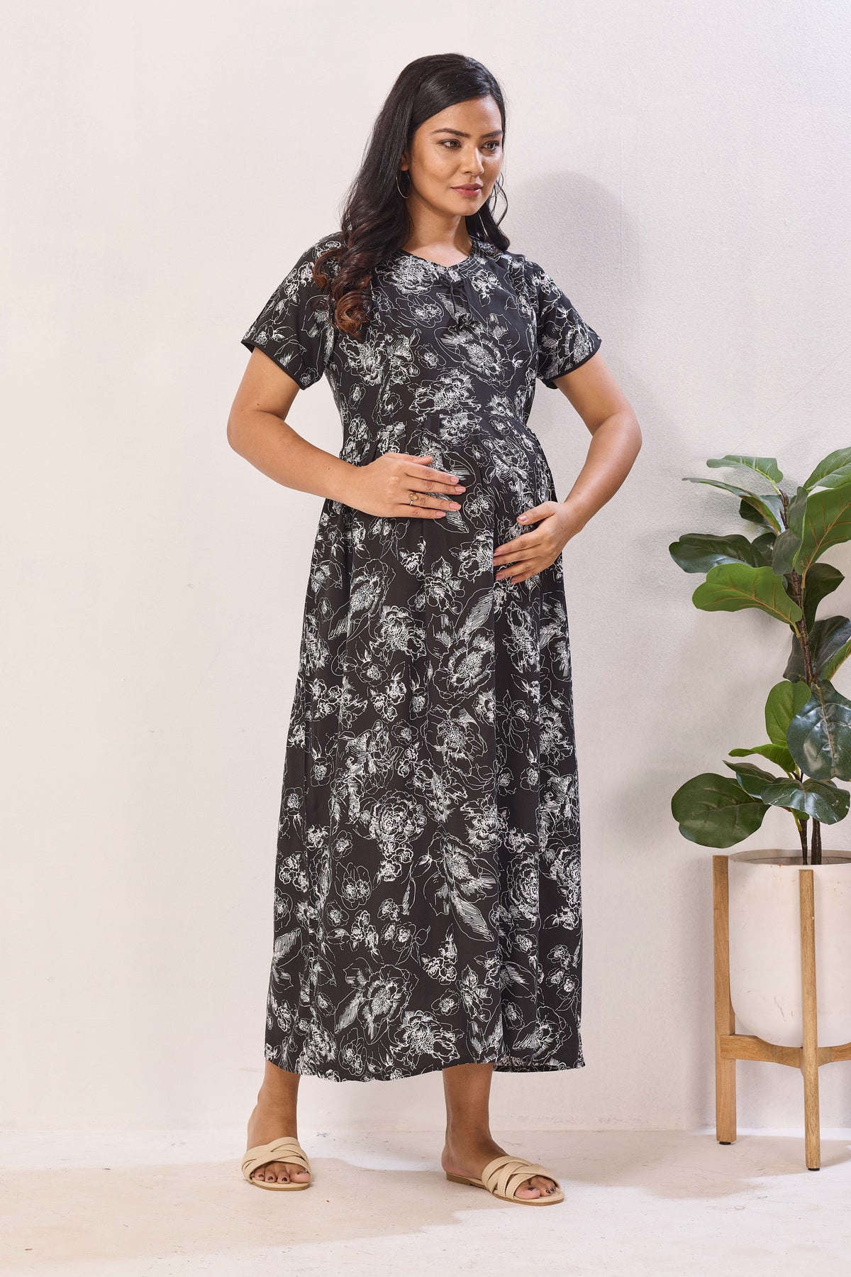 Navy Blue Rayon Nursing Maxi Dress – White Palm Print Pregnancy Wear with Adjustable Back Tie -Rayon Tropical Maternity Frock with Dual Feeding Zippers (RMF)
