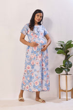 Soft Rayon Abstract Floral Feeding Frock – Sage Green Maternity Wear with Invisible Zipper - Maternity & Nursing Maxi Frock with Side Pockets (RMF)