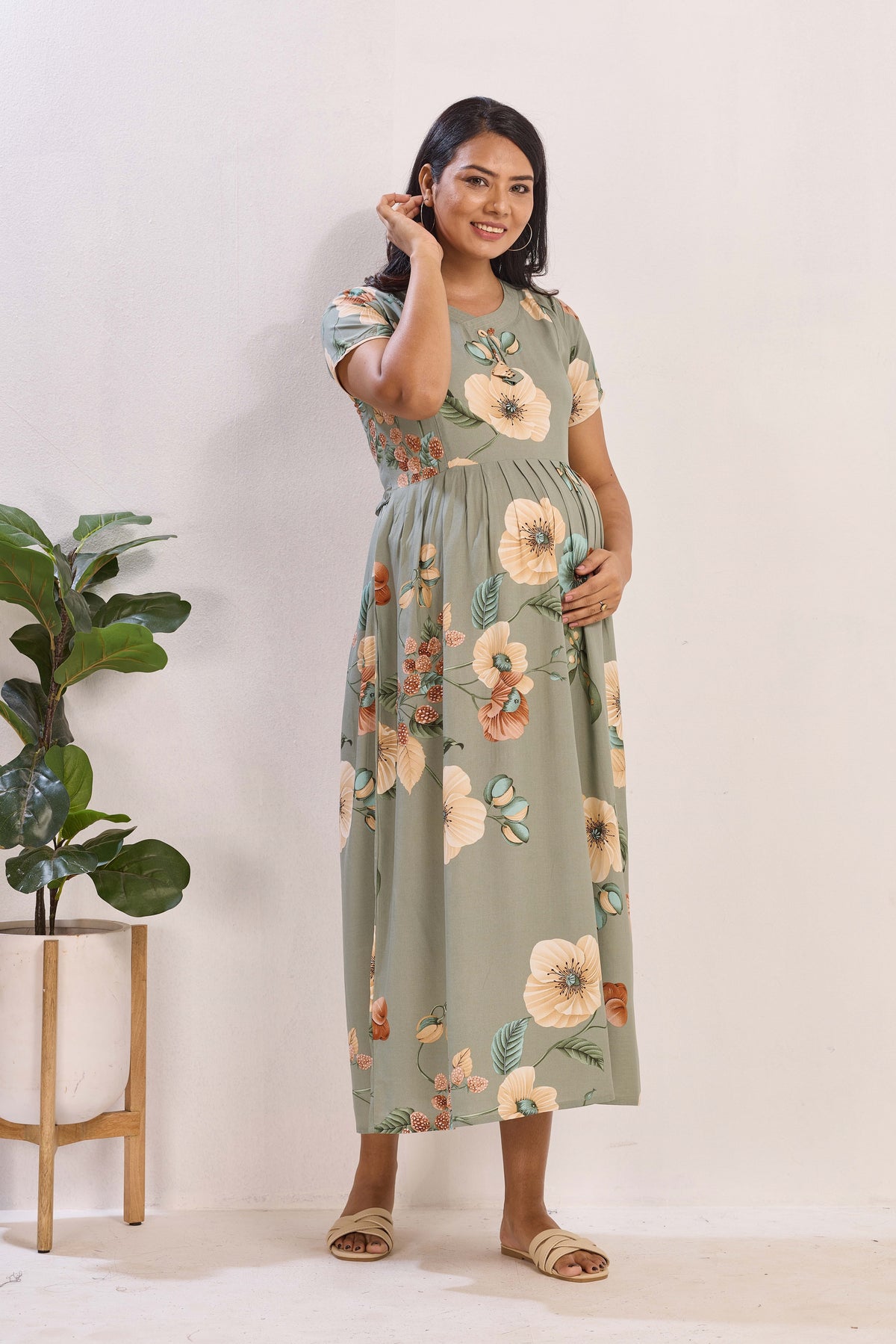 Olive Green Rayon Nursing Maxi Dress – Vintage Floral Pregnancy Wear with Adjustable Back Tie - Maternity Frock with Dual Feeding Zippers (RMF)