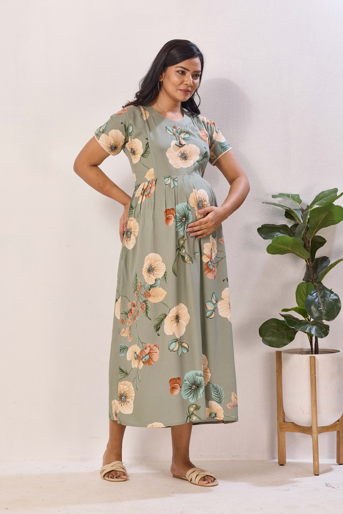 Olive Green Rayon Nursing Maxi Dress – Vintage Floral Pregnancy Wear with Adjustable Back Tie - Maternity Frock with Dual Feeding Zippers (RMF)