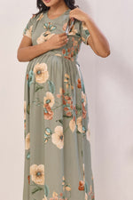 Olive Green Rayon Nursing Maxi Dress – Vintage Floral Pregnancy Wear with Adjustable Back Tie - Maternity Frock with Dual Feeding Zippers (RMF)