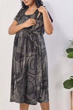 Grey Abstract Print Rayon Maternity Maxi Dress | Feeding Zipper | Adjustable Tie-Up | Side Pocket | Pre & Post Pregnancy Wear (FIO-M)
