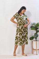 Magenta Abstract Print Rayon Maternity Maxi Dress for Women | Feeding Zip Nighty with Side Pocket | Adjustable Back Tie-Up Pregnancy & Casual Wear (FIO-M)