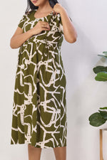 Magenta Abstract Print Rayon Maternity Maxi Dress for Women | Feeding Zip Nighty with Side Pocket | Adjustable Back Tie-Up Pregnancy & Casual Wear (FIO-M)