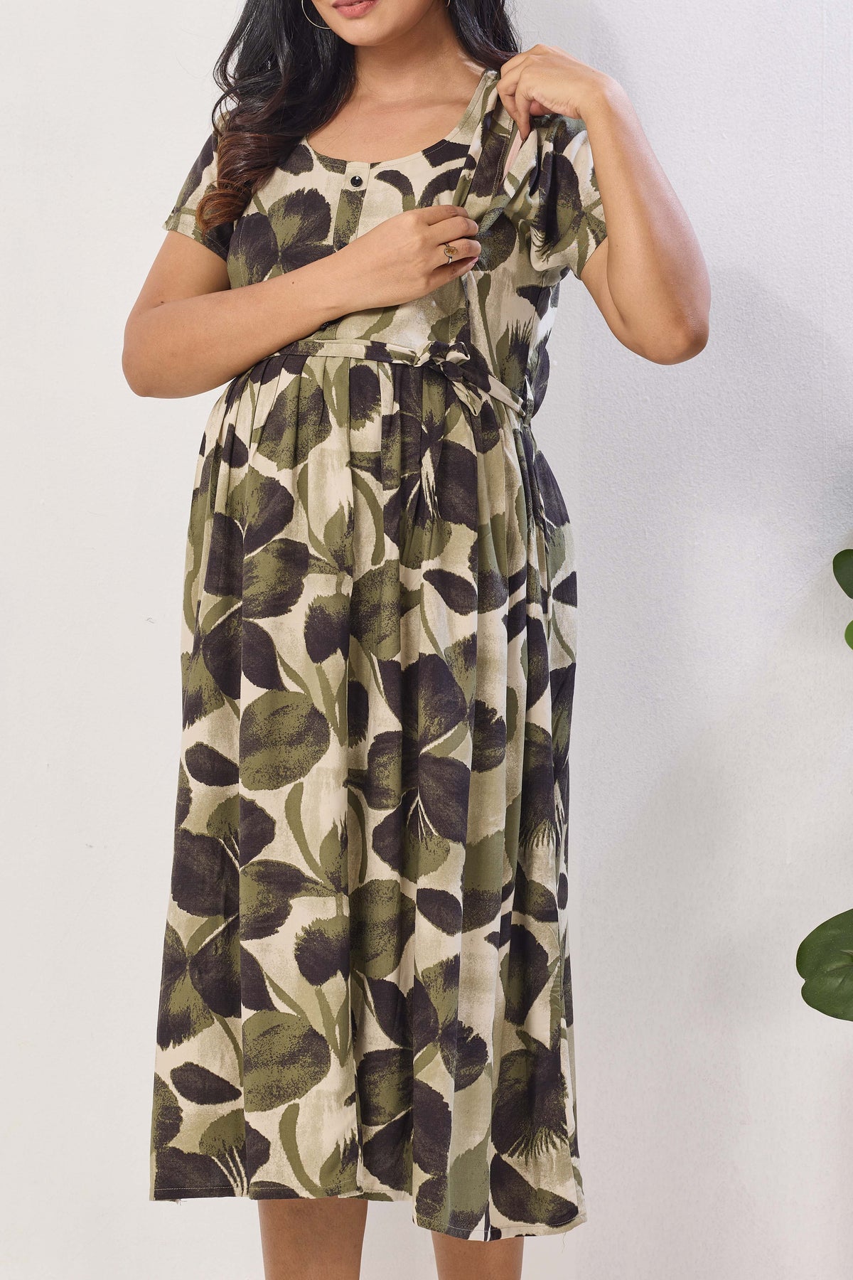 Breathable Rayon Feeding Maxi Dress – Green Botanical Print | Pregnancy & Nursing Wear | Invisible Feeding Zipper & Side Pocket (FIO-M)