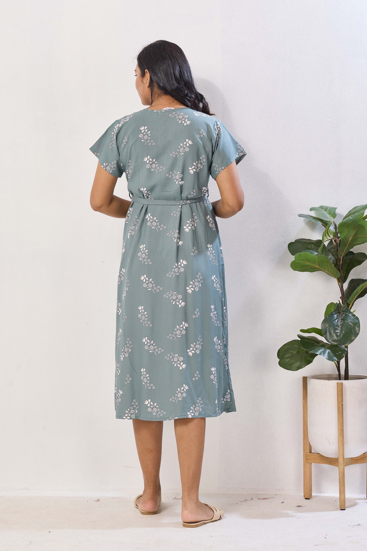 Sage Green Floral Print Rayon Maternity Maxi Dress for Women | Feeding Zip Nursing Wear with Side Pocket | Adjustable Back Tie Pregnancy & Casual Wear (FIO-M)