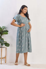 Sage Green Floral Print Rayon Maternity Maxi Dress for Women | Feeding Zip Nursing Wear with Side Pocket | Adjustable Back Tie Pregnancy & Casual Wear (FIO-M)