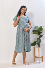 Sage Green Floral Print Rayon Maternity Maxi Dress for Women | Feeding Zip Nursing Wear with Side Pocket | Adjustable Back Tie Pregnancy & Casual Wear (FIO-M)
