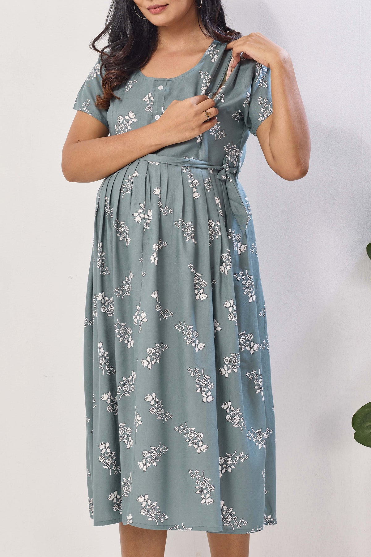 Sage Green Floral Print Rayon Maternity Maxi Dress for Women | Feeding Zip Nursing Wear with Side Pocket | Adjustable Back Tie Pregnancy & Casual Wear (FIO-M)
