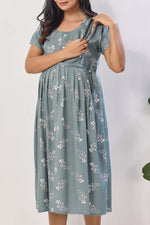 Sage Green Floral Print Rayon Maternity Maxi Dress for Women | Feeding Zip Nursing Wear with Side Pocket | Adjustable Back Tie Pregnancy & Casual Wear (FIO-M)