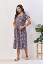 Sage Green Floral Print Rayon Maternity Maxi Dress for Women | Feeding Zip Nursing Wear with Side Pocket | Adjustable Back Tie Pregnancy & Casual Wear (FIO-M)