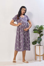 Sage Green Floral Print Rayon Maternity Maxi Dress for Women | Feeding Zip Nursing Wear with Side Pocket | Adjustable Back Tie Pregnancy & Casual Wear (FIO-M)