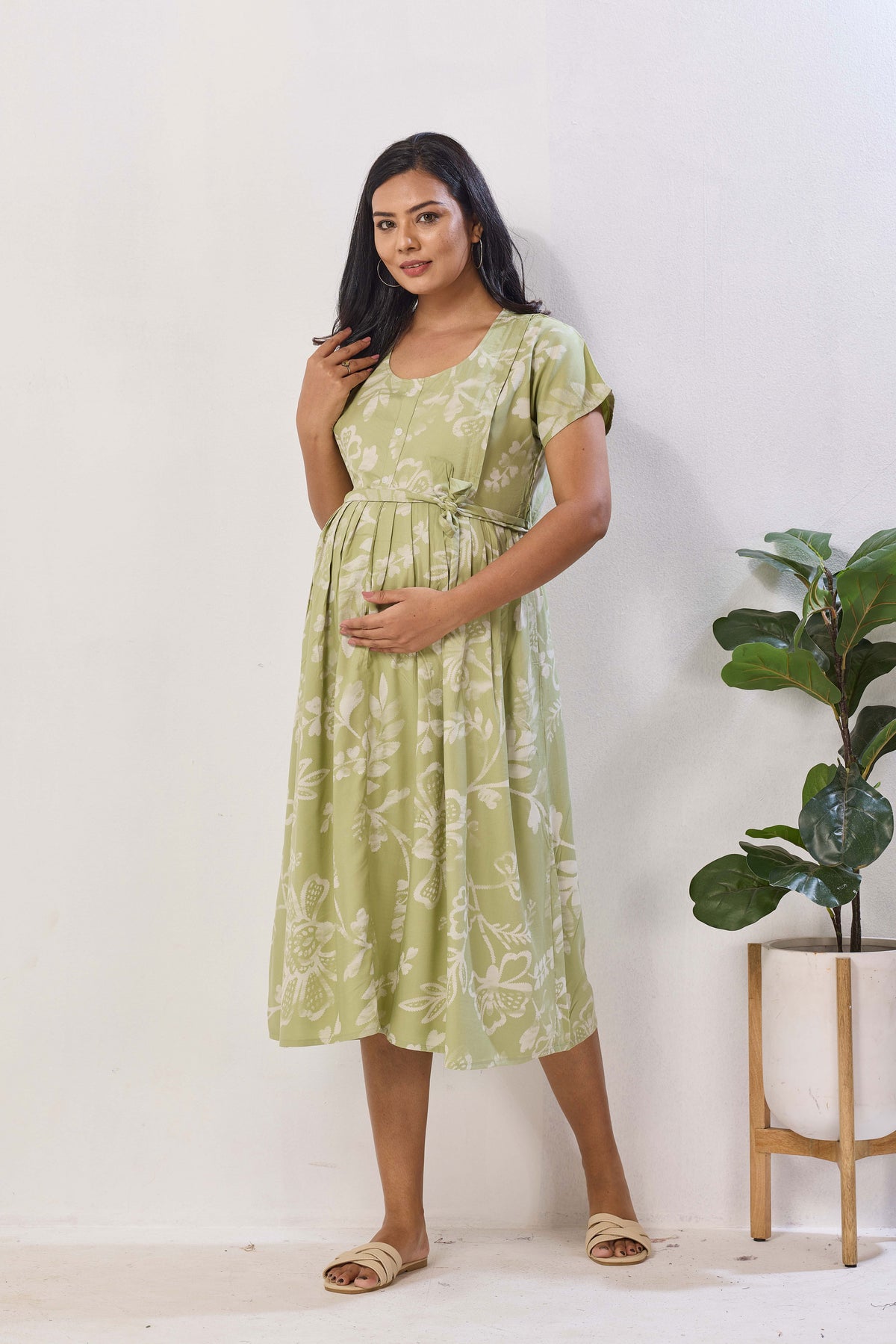 Pink Floral Print Rayon Maternity Maxi Dress for Women | Feeding Zip Nursing Wear with Side Pocket | Adjustable Back Tie Pregnancy & Casual Wear (FIO-M)