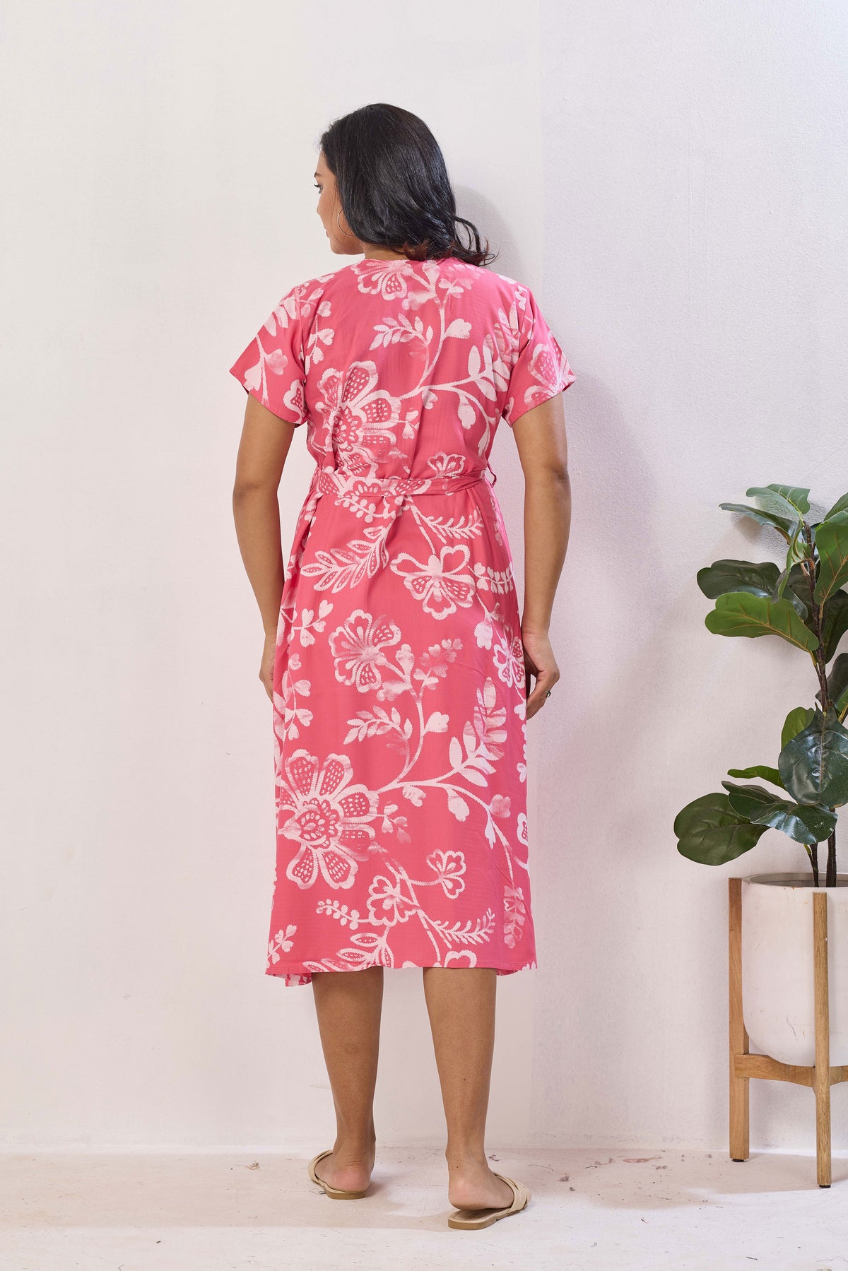 Pink Floral Print Rayon Maternity Maxi Dress for Women | Feeding Zip Nursing Wear with Side Pocket | Adjustable Back Tie Pregnancy & Casual Wear (FIO-M)