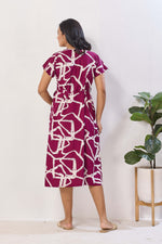 Magenta Abstract Print Rayon Maternity Maxi Dress for Women | Feeding Zip Nighty with Side Pocket | Adjustable Back Tie-Up Pregnancy & Casual Wear (FIO-M)