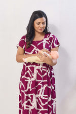 Magenta Abstract Print Rayon Maternity Maxi Dress for Women | Feeding Zip Nighty with Side Pocket | Adjustable Back Tie-Up Pregnancy & Casual Wear (FIO-M)