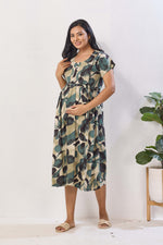 Breathable Rayon Feeding Maxi Dress – Green Botanical Print | Pregnancy & Nursing Wear | Invisible Feeding Zipper & Side Pocket (FIO-M)