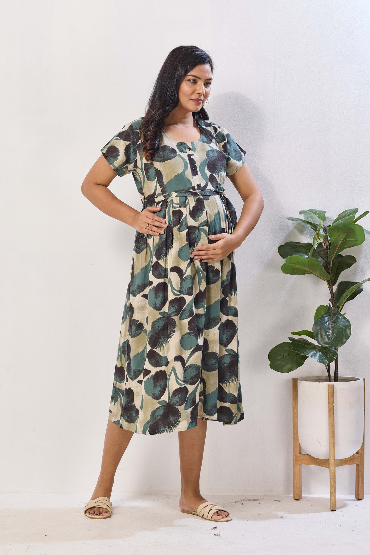 Breathable Rayon Feeding Maxi Dress – Green Botanical Print | Pregnancy & Nursing Wear | Invisible Feeding Zipper & Side Pocket (FIO-M)