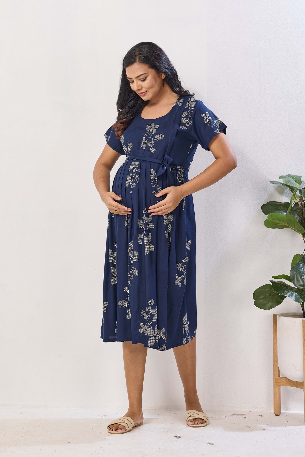 Navy Blue Floral Print Rayon Maternity Maxi Dress for Women | Feeding Zip Nursing Wear with Side Pocket | Adjustable Tie Pregnancy & Casual Wear (FIO-M)
