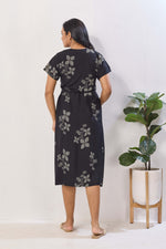 Navy Blue Floral Print Rayon Maternity Maxi Dress for Women | Feeding Zip Nursing Wear with Side Pocket | Adjustable Tie Pregnancy & Casual Wear (FIO-M)