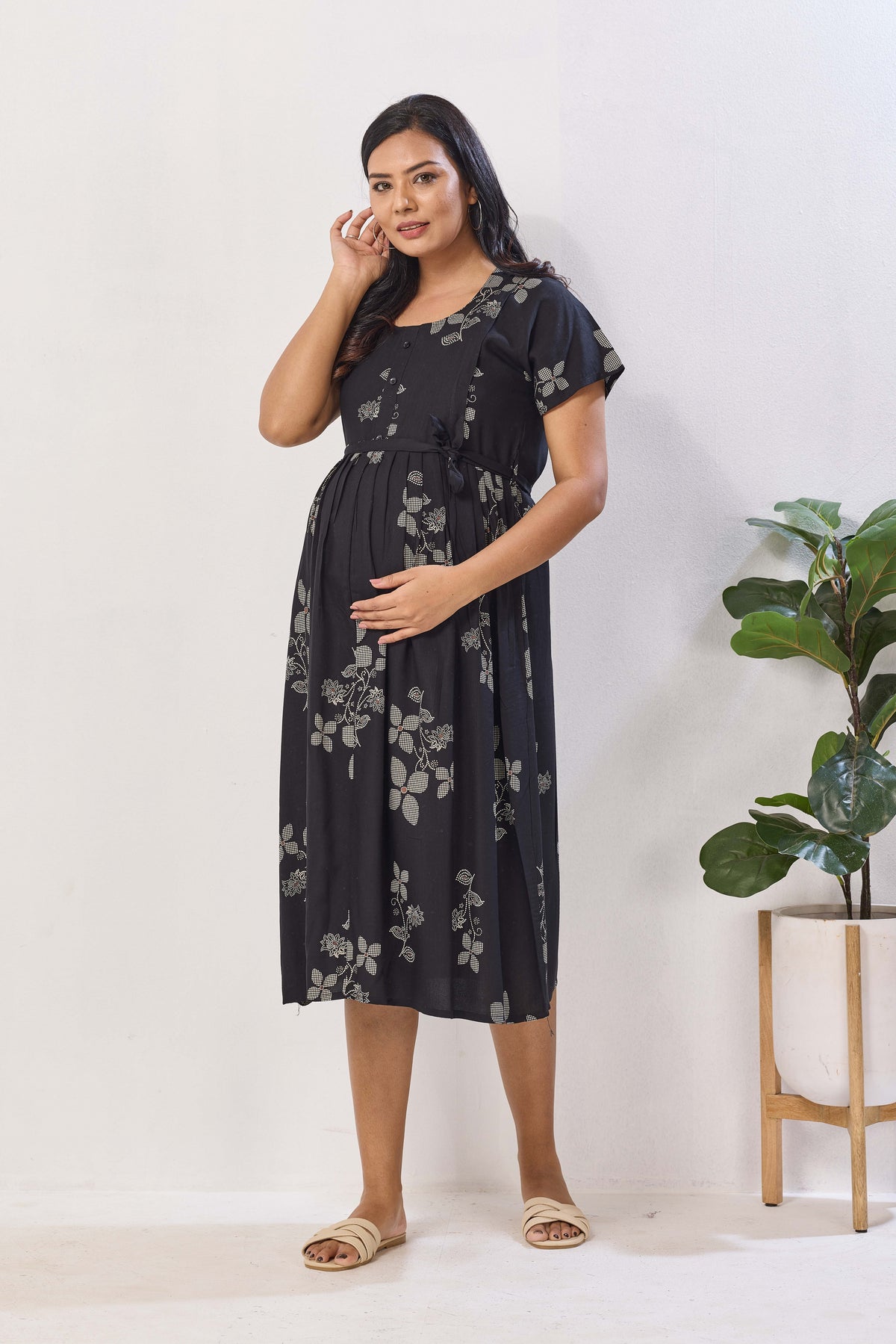 Navy Blue Floral Print Rayon Maternity Maxi Dress for Women | Feeding Zip Nursing Wear with Side Pocket | Adjustable Tie Pregnancy & Casual Wear (FIO-M)