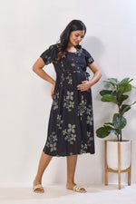 Navy Blue Floral Print Rayon Maternity Maxi Dress for Women | Feeding Zip Nursing Wear with Side Pocket | Adjustable Tie Pregnancy & Casual Wear (FIO-M)