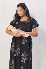 Navy Blue Floral Print Rayon Maternity Maxi Dress for Women | Feeding Zip Nursing Wear with Side Pocket | Adjustable Tie Pregnancy & Casual Wear (FIO-M)