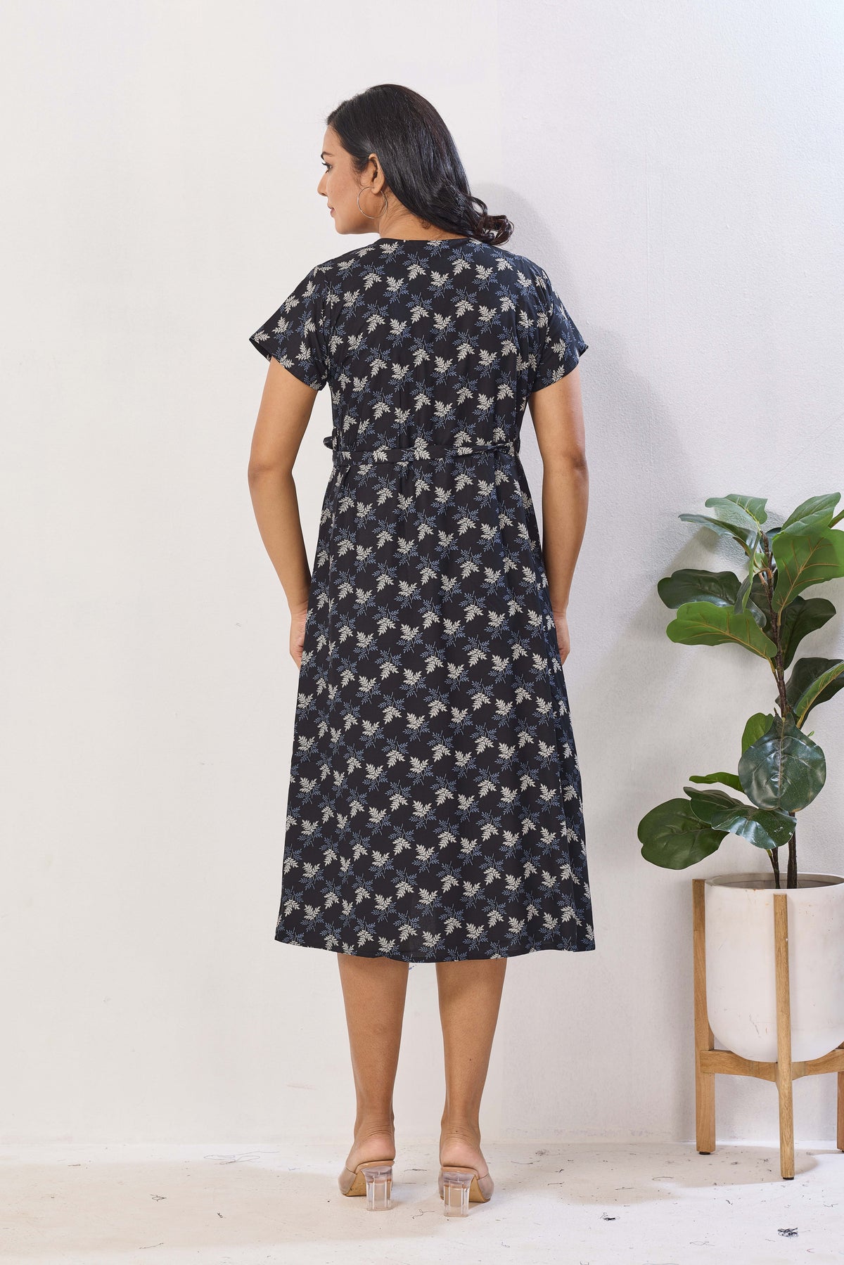 Black Floral Print Rayon Maternity Maxi Dress | Feeding Zipper | Adjustable Tie-Up | Invisible Feeding Zipper & Side Pocket (FIO-M)
