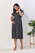 Black Floral Print Rayon Maternity Maxi Dress | Feeding Zipper | Adjustable Tie-Up | Invisible Feeding Zipper & Side Pocket (FIO-M)