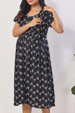 Black Floral Print Rayon Maternity Maxi Dress | Feeding Zipper | Adjustable Tie-Up | Invisible Feeding Zipper & Side Pocket (FIO-M)