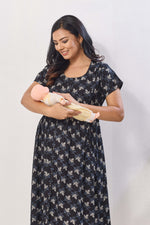 Black Floral Print Rayon Maternity Maxi Dress | Feeding Zipper | Adjustable Tie-Up | Invisible Feeding Zipper & Side Pocket (FIO-M)