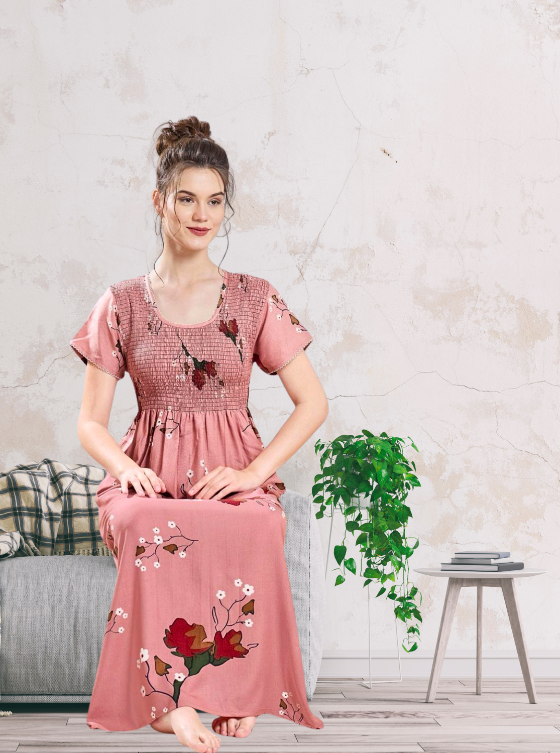 ALPINE Smocking Nighty | Beautiful Pleated Design | Side Pocket | Stylish Nighty for Trendy Women's | Your Perfect Nightwear Collection's (SAP)