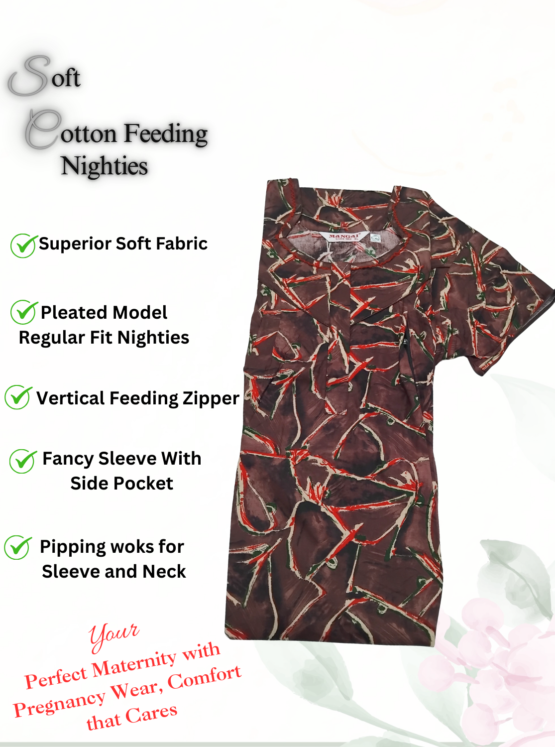 MANGAI Cotton Straight Zip Feeding Nighty |Post Pregnancy | Comfort and Style | Pleated Model | Soft Cotton Feeding Nighties (STF)