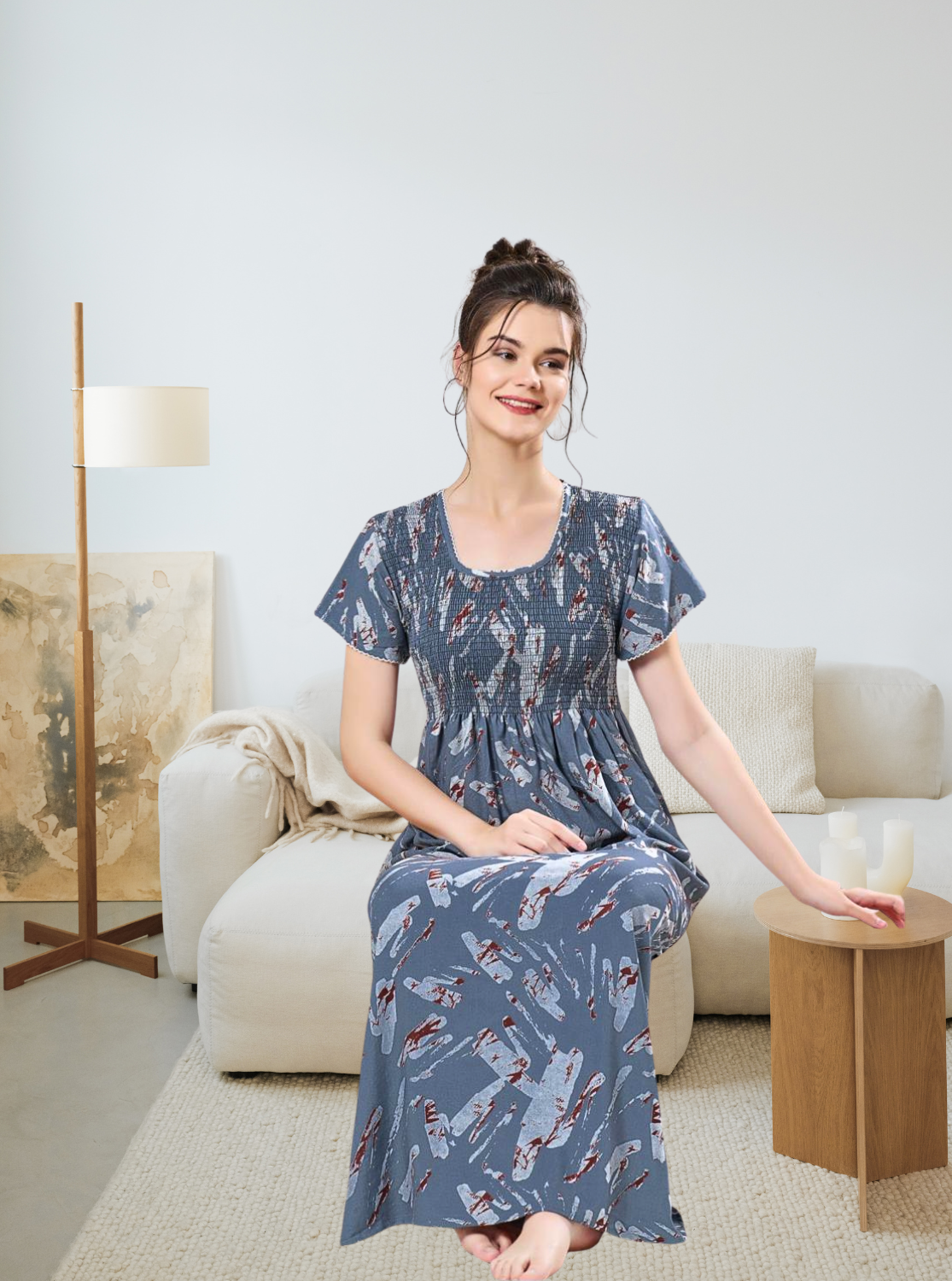 ALPINE Smocking Nighty | Beautiful Pleated Design | Side Pocket | Stylish Nighty for Trendy Women's | Your Perfect Nightwear Collection's (SAP)