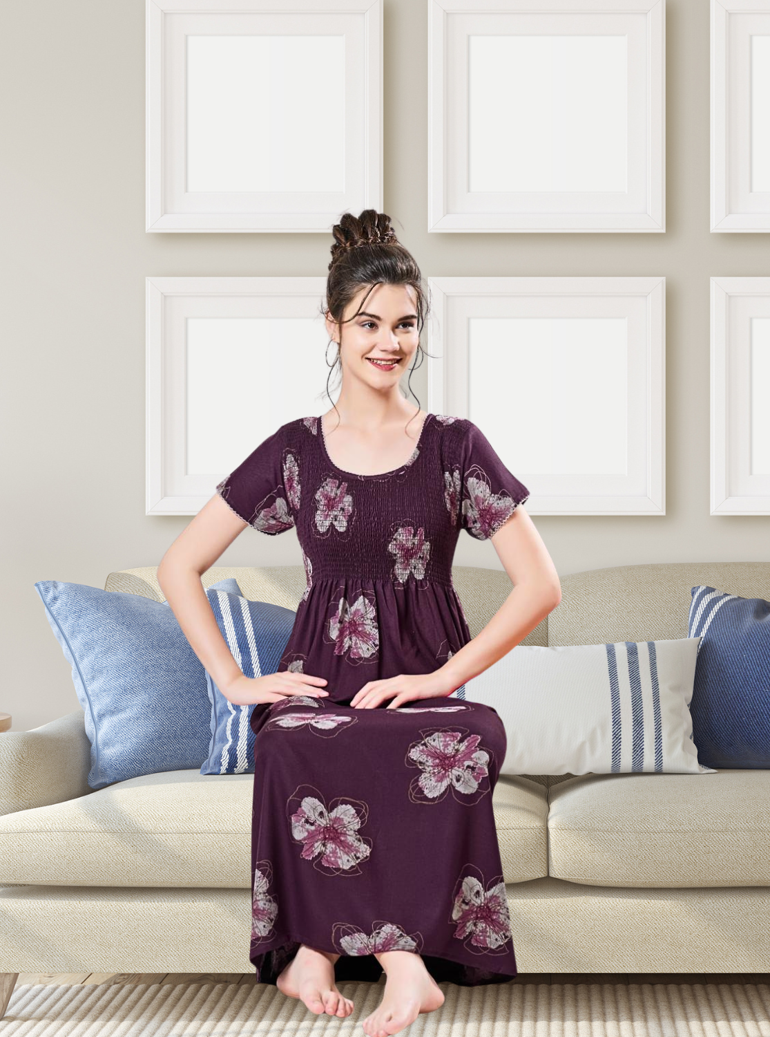 ALPINE Smocking Nighty | Beautiful Pleated Design | Side Pocket | Stylish Nighty for Trendy Women's | Your Perfect Nightwear Collection's (SAP)