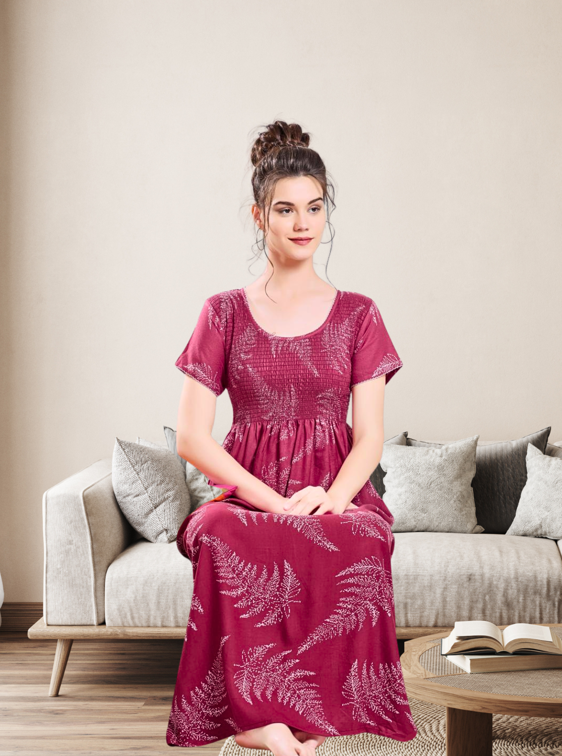 ALPINE Smocking Nighty | Beautiful Pleated Design | Side Pocket | Stylish Nighty for Trendy Women's | Your Perfect Nightwear Collection's (SAP)