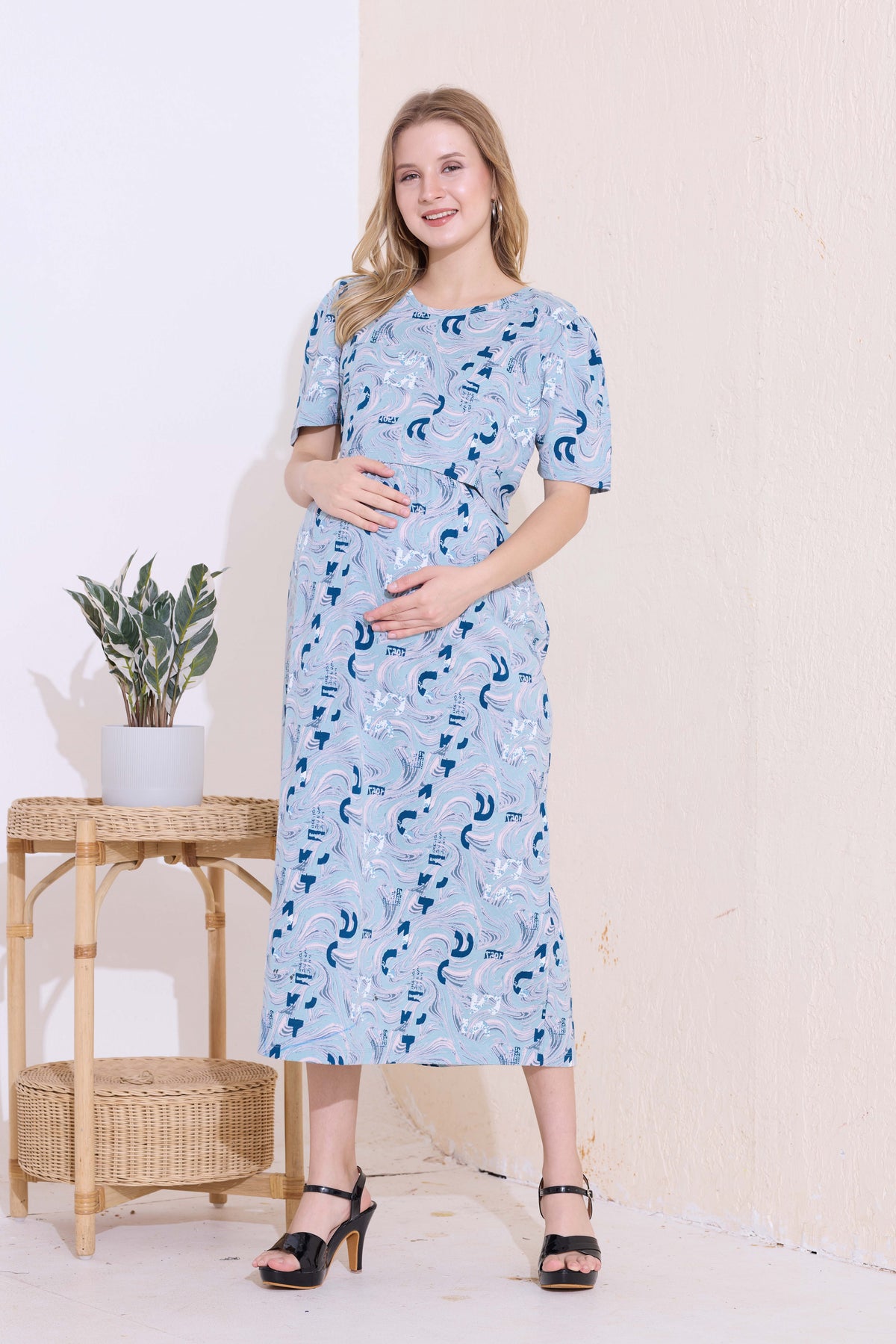 MANGAI HOSIERY Cotton Zipless Feeding Wear | Fancy Sleeve with Round Neck | Flap Open Zipless Feeding wear for Pregnancy Women (MMG)