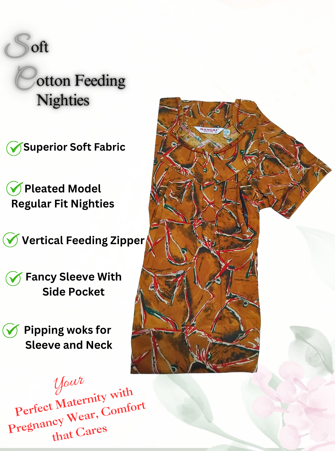 MANGAI Cotton Straight Zip Feeding Nighty |Post Pregnancy | Comfort and Style | Pleated Model | Soft Cotton Feeding Nighties (STF)