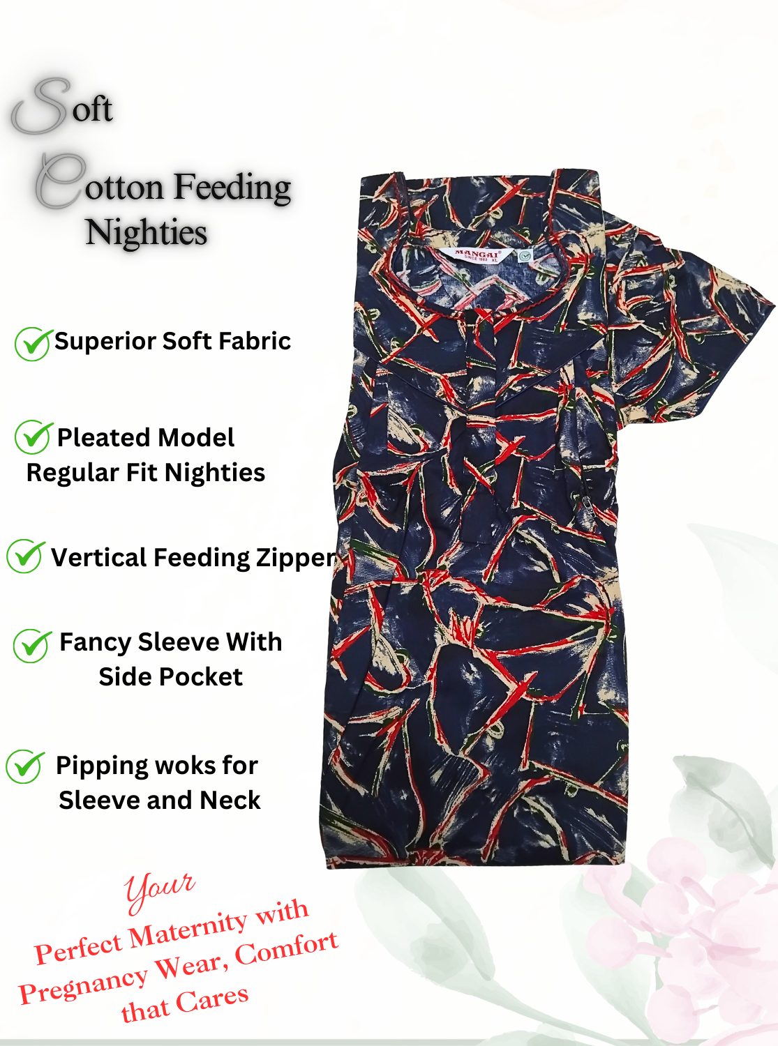 MANGAI Cotton Straight Zip Feeding Nighty |Post Pregnancy | Comfort and Style | Pleated Model | Soft Cotton Feeding Nighties (STF)