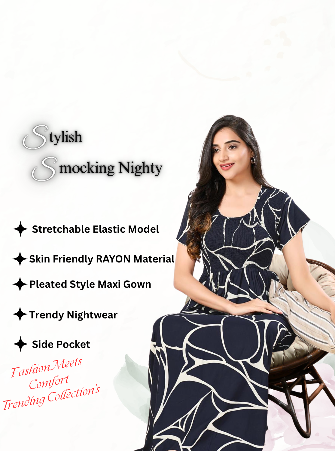MANGAI RAYON Smocking Nighty | Beautiful Pleated Design | Side Pocket | Stylish Nighty for Trendy Women's | Your Perfect Nightwear Collection's (SRN)