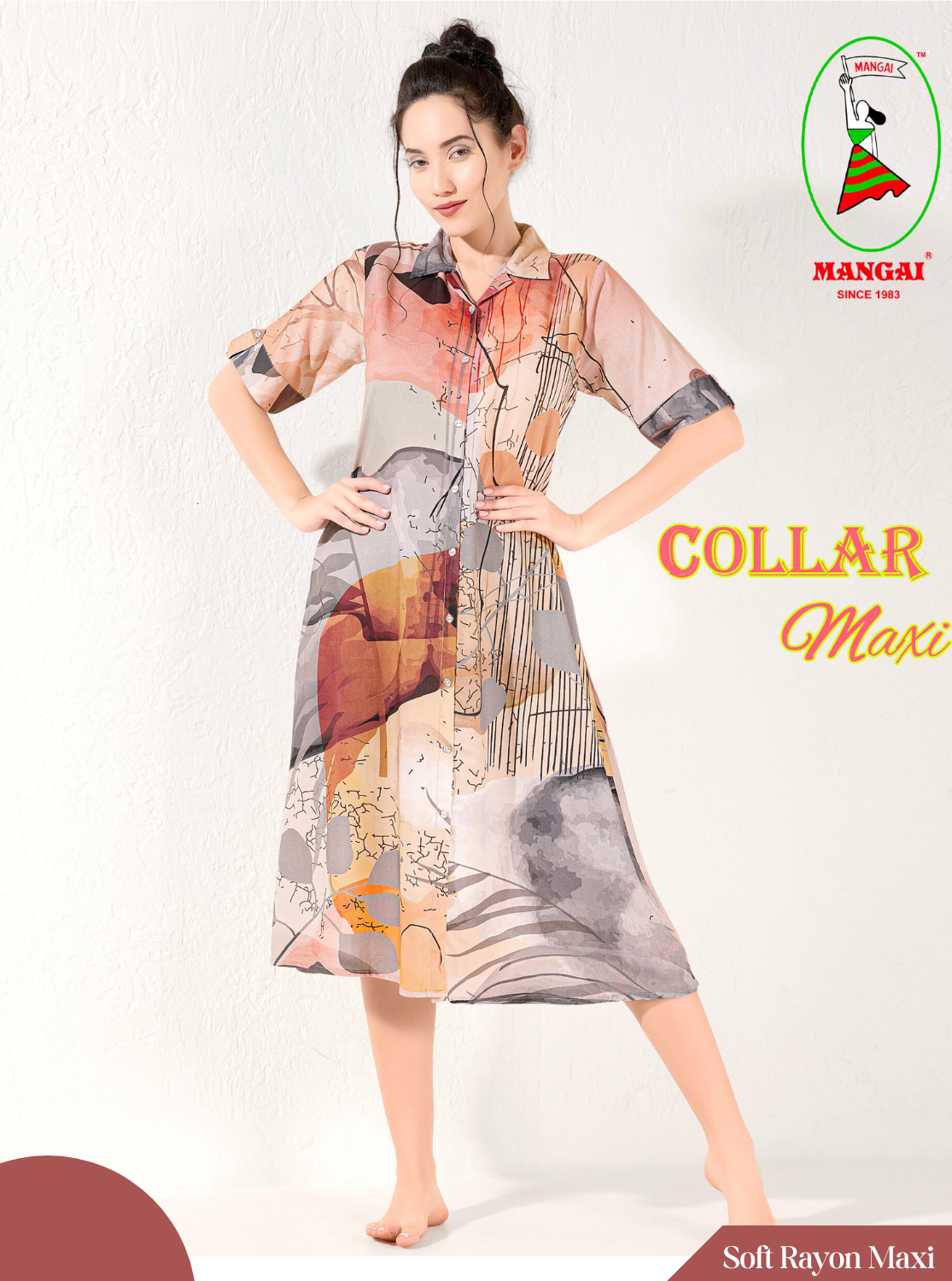 MANGAI Premium Rayon Collar MAXI Nighty for Women | Long Sleeve Stylish Nightwear for Women and Teenager | Perfect Stylish Nightwear (CM)