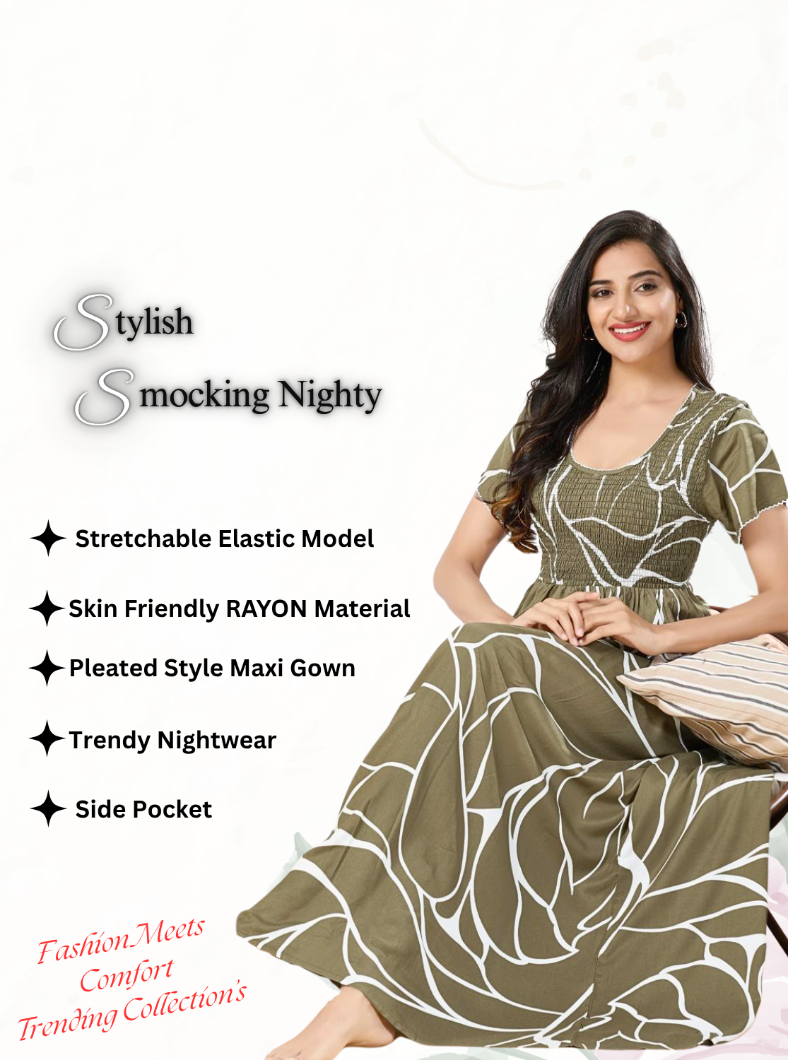 MANGAI RAYON Smocking Nighty | Beautiful Pleated Design | Side Pocket | Stylish Nighty for Trendy Women's | Your Perfect Nightwear Collection's (SRN)