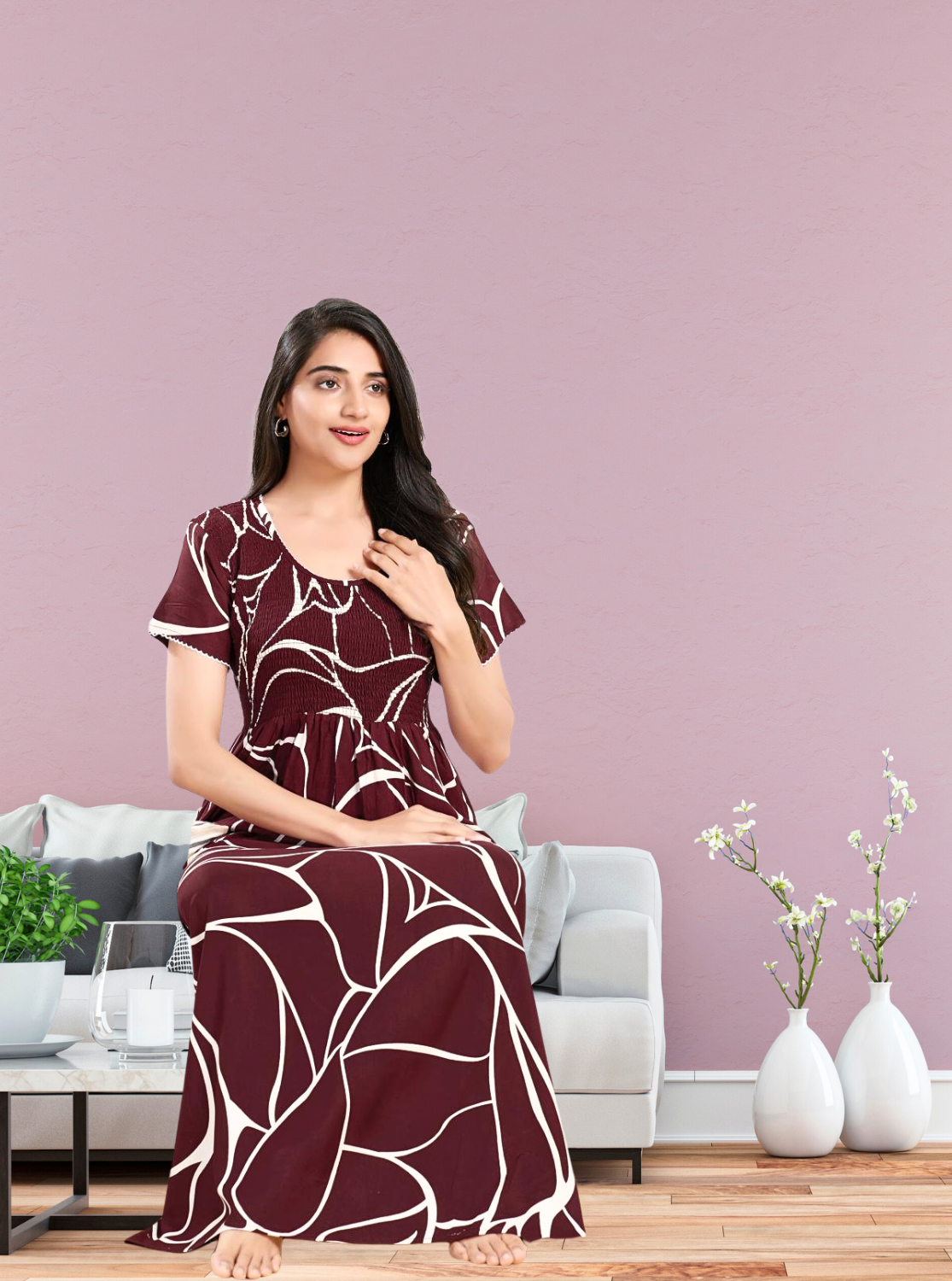 MANGAI RAYON Smocking Nighty | Beautiful Pleated Design | Side Pocket | Stylish Nighty for Trendy Women's | Your Perfect Nightwear Collection's (SRN)