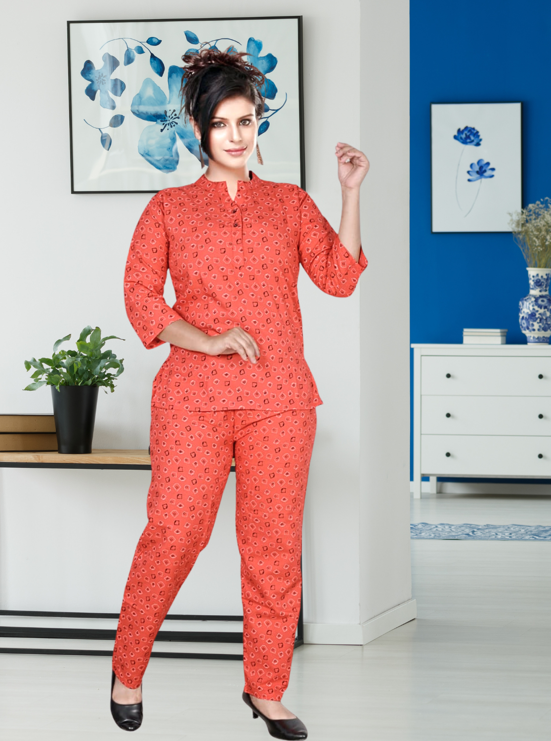 New MANGAI Stylish Cotton Night Suits for all Stylish Women's | Long Sleeve with Size Pocket Beautiful all Over Printed Elastic Waist Top & Bottom Cord Set your Perfect Nightwear Companion (MCNS)